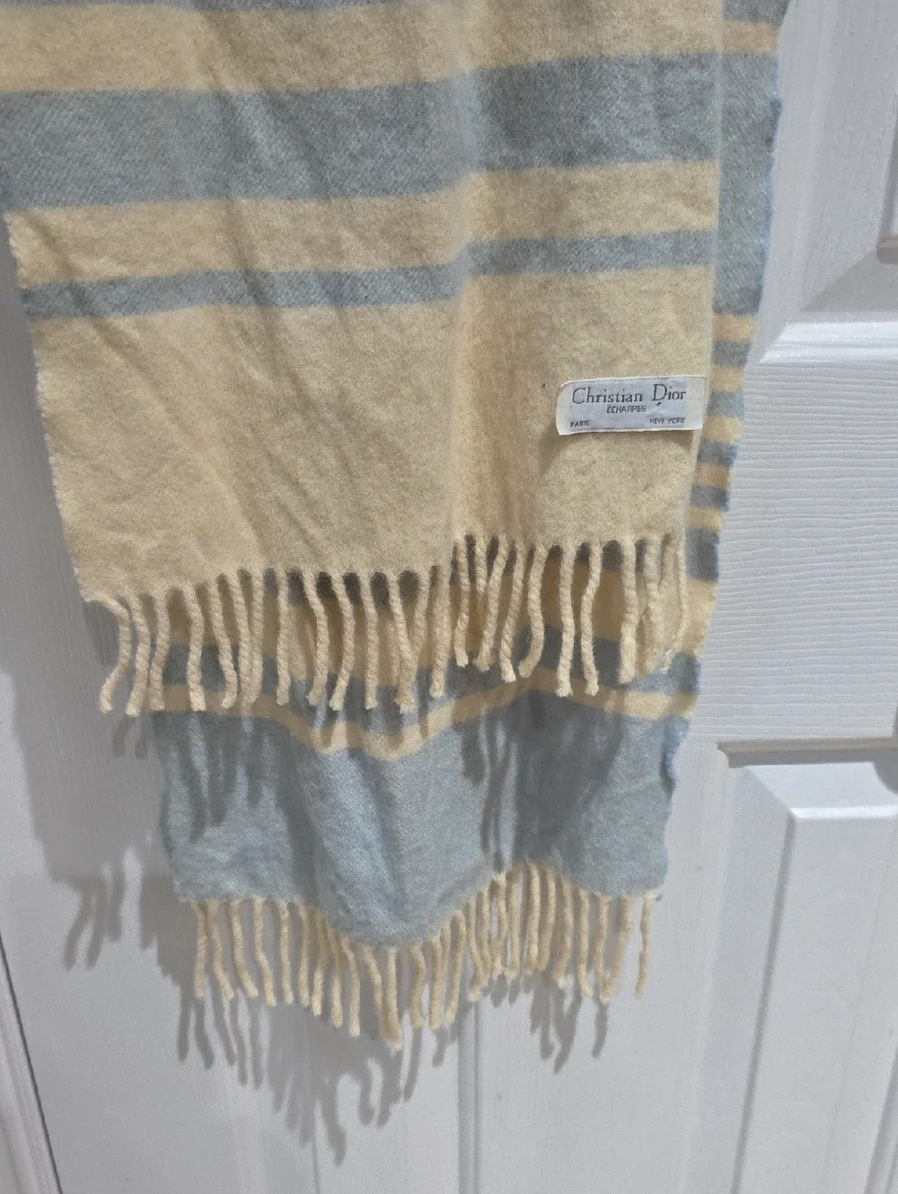 Christian Dior Vintage Wool Cream and Light Blue Striped Fringe Scarf One Size